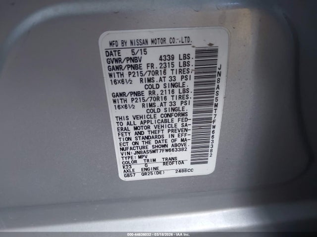 JN8AS5MT7FW663382 Nissan Rogue Select S