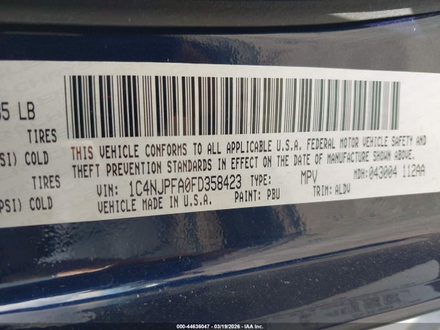 44636047 :رقم المزاد ، 1C4NJPFA0FD358423 vin ، 2015 Jeep Patriot High Altitude Edition مزاد بيع