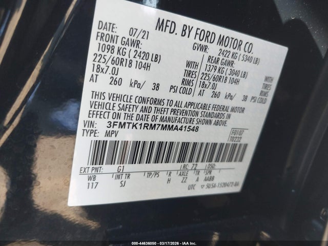 Продаж на аукціоні авто 2021 Ford Mustang Mach-e Select, vin: 3FMTK1RM7MMA41548, номер лоту: 44636050