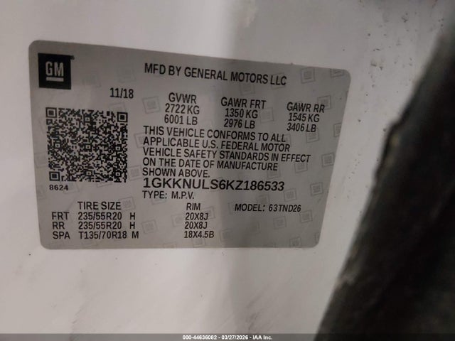 Aukcja sprzedaży 2019 Gmc Acadia Slt-1, vin: 1GKKNULS6KZ186533, numer aukcji: 44636082