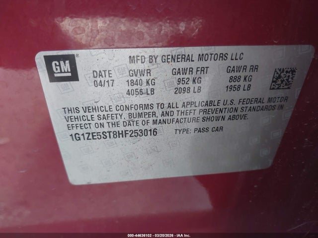 Продажа на аукционе авто 2017 Chevrolet Malibu 1lt, vin: 1G1ZE5ST8HF253016, номер лота: 44636102