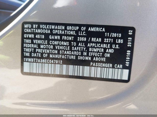Продажа на аукционе авто 2014 Volkswagen Passat 1.8t Se, vin: 1VWBT7A36EC047912, номер лота: 44636105
