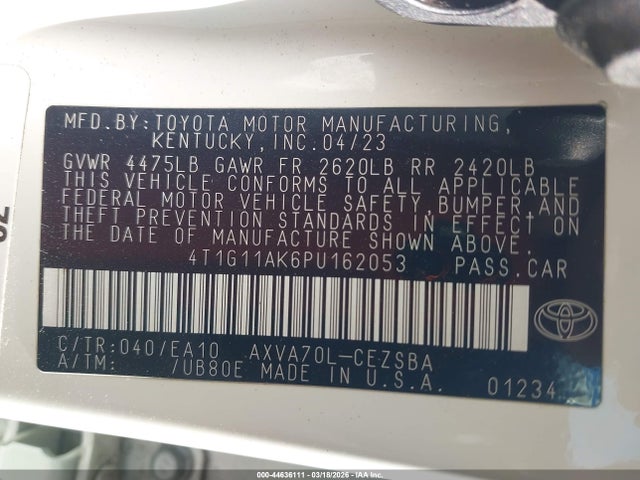 2023 Toyota Camry Se მანქანა იყიდება აუქციონზე, vin: 4T1G11AK6PU162053, აუქციონის ნომერი: 44636111