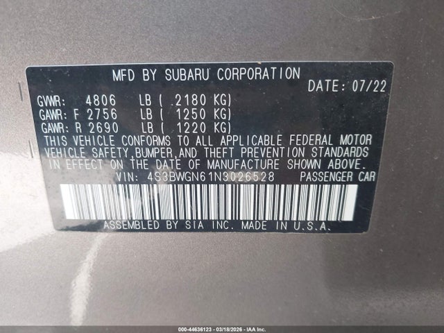 Продажа на аукционе авто 2022 Subaru Legacy Limited Xt, vin: 4S3BWGN61N3026528, номер лота: 44636123
