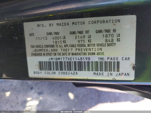 Aukcja sprzedaży 2014 Mazda Mazda3 I Sv, vin: JM1BM1T7XE1148198, numer aukcji: 44636135