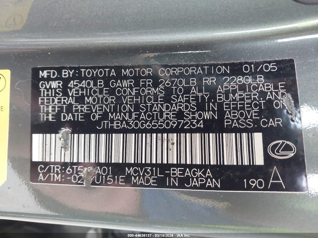 2005 Lexus Es 330 მანქანა იყიდება აუქციონზე, vin: JTHBA30G655097234, აუქციონის ნომერი: 44636137