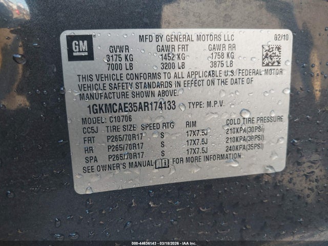 44636143 :رقم المزاد ، 1GKMCAE35AR174133 vin ، 2010 Gmc Yukon Sle مزاد بيع