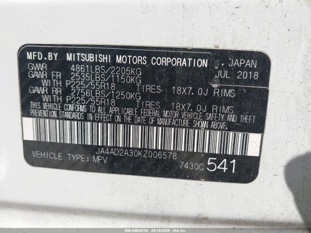 2019 MITSUBISHI OUTLANDER JA4AD2A30KZ006578 Photo 8