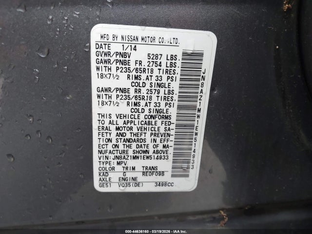 JN8AZ1MW1EW514933 Nissan Murano Le/s/sl/sv