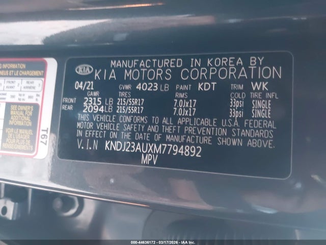 44636172 :رقم المزاد ، KNDJ23AUXM7794892 vin ، 2021 Kia Soul S مزاد بيع