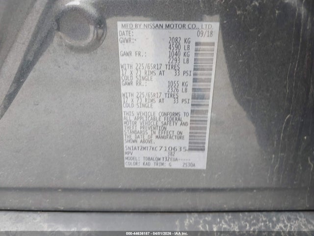 2019 Nissan Rogue Sv მანქანა იყიდება აუქციონზე, vin: 5N1AT2MT7KC710635, აუქციონის ნომერი: 44636187