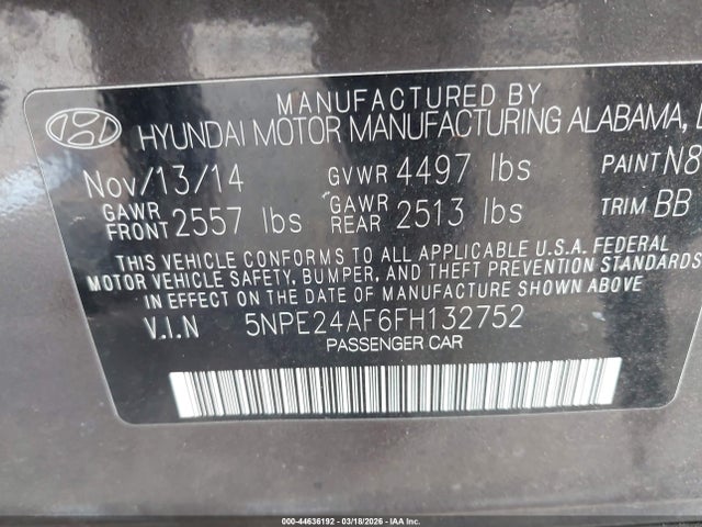 5NPE24AF6FH132752 Hyundai SONATA SE