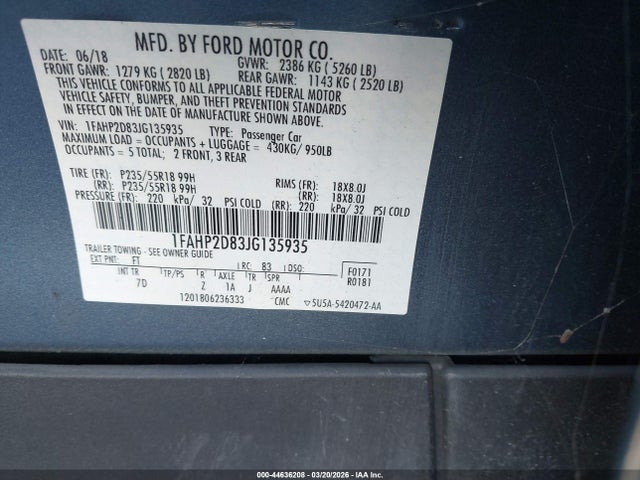 Ford TAURUS SE 2018 1FAHP2D83JG135935 Image 9