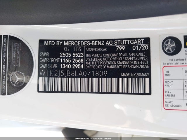 Aukcja sprzedaży 2020 Mercedes-benz Cls 450, vin: W1K2J5JB8LA071809, numer aukcji: 44636223