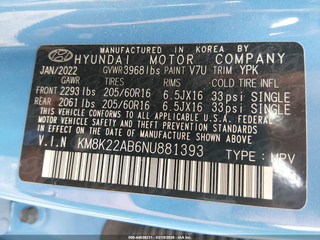 2022 HYUNDAI KONA KM8K22AB6NU881393 Photo 8