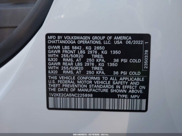 Продаж на аукціоні авто 2022 Volkswagen Atlas Cross Sport 3.6l V6 Se W/technology, vin: 1V2KE2CA5NC225898, номер лоту: 44636233