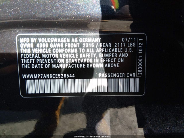 Продаж на аукціоні авто 2012 Volkswagen Cc Sport, vin: WVWMP7AN6CE526544, номер лоту: 44636238