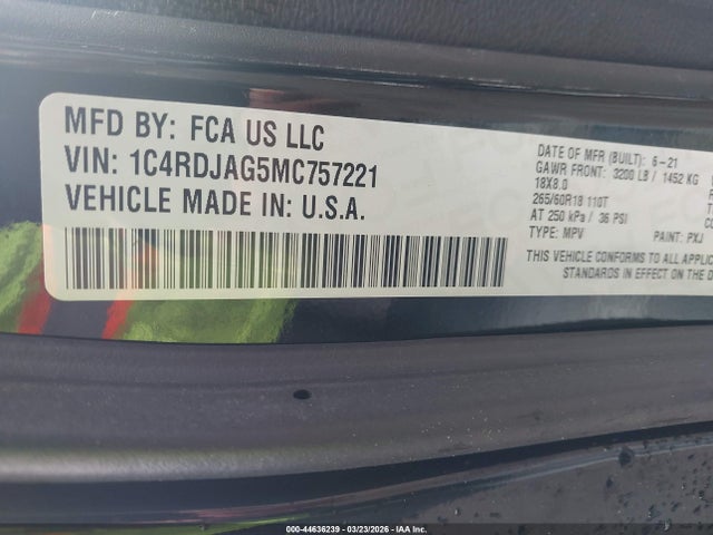 2021 Dodge Durango Sxt Plus Awd მანქანა იყიდება აუქციონზე, vin: 1C4RDJAG5MC757221, აუქციონის ნომერი: 44636239
