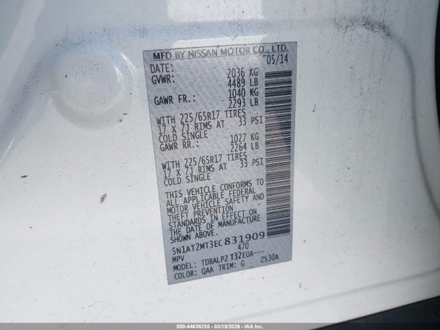 Aukcja sprzedaży 2014 Nissan Rogue S, vin: 5N1AT2MT3EC831909, numer aukcji: 44636255