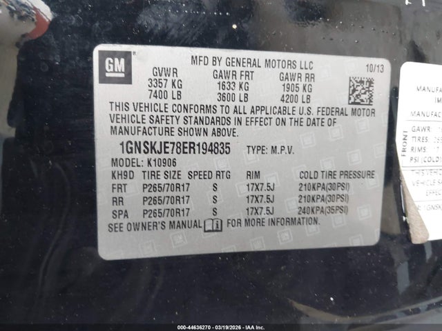 1GNSKJE78ER194835 Chevrolet Suburban 1500 Lt