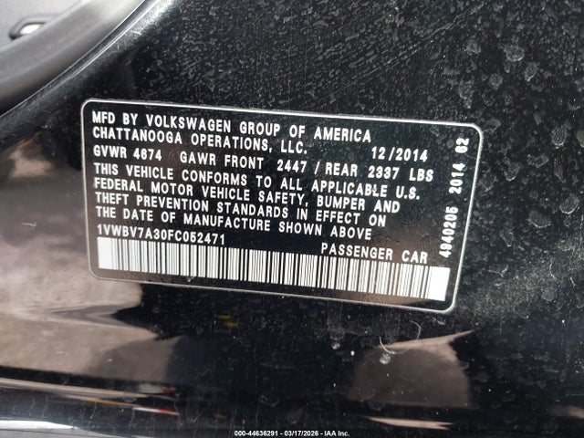 2015 Volkswagen Passat 2.0l Tdi Se მანქანა იყიდება აუქციონზე, vin: 1VWBV7A30FC052471, აუქციონის ნომერი: 44636291