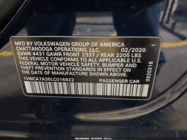 Aukcja sprzedaży 2020 Volkswagen Passat 2.0t Sel, vin: 1VWCA7A35LC016822, numer aukcji: 44636295