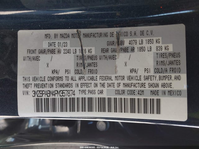Продажа на аукционе авто 2023 Mazda Mazda3 2.5 S Select, vin: 3MZBPABM4PM357874, номер лота: 44636305