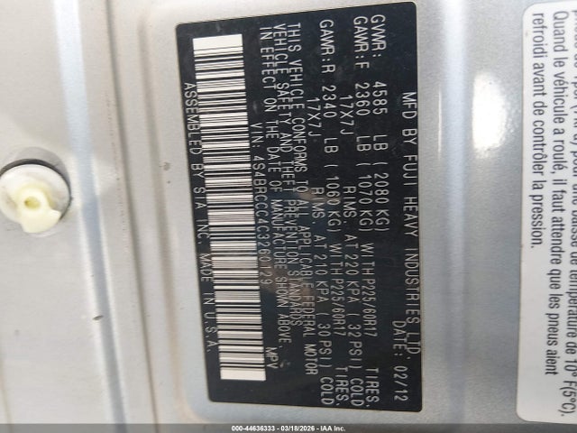 Продаж на аукціоні авто 2012 Subaru Outback 2.5i Premium, vin: 4S4BRCCC4C3260129, номер лоту: 44636333
