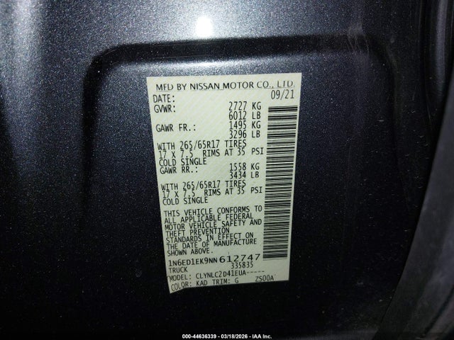 1N6ED1EK9NN612747 Nissan Frontier Sv 4x4