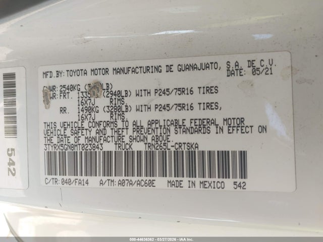 Aukcja sprzedaży 2021 Toyota Tacoma Sr, vin: 3TYRX5GN8MT023843, numer aukcji: 44636362