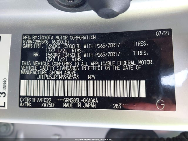 2021 Toyota 4runner Trd Off Road მანქანა იყიდება აუქციონზე, vin: JTEPU5JR1M5968593, აუქციონის ნომერი: 44636390