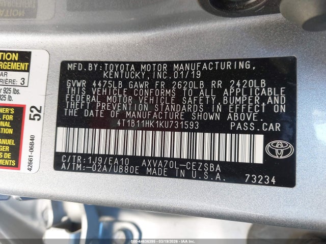 4T1B11HK1KU731593 Toyota CAMRY SE
