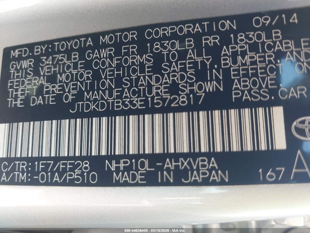 JTDKDTB33E1572817 Toyota Prius C Two