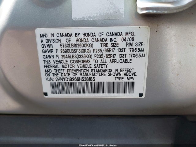 2006 Acura Mdx მანქანა იყიდება აუქციონზე, vin: 2HNYD18266H538185, აუქციონის ნომერი: 44636406
