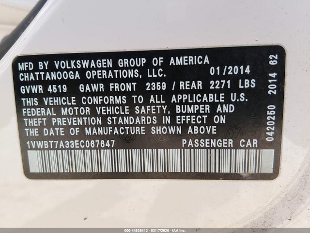 Aukcja sprzedaży 2014 Volkswagen Passat 1.8t Se, vin: 1VWBT7A33EC067647, numer aukcji: 44636412