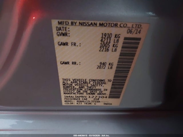 1N4AL3AP9FC127304 Nissan Altima 2.5/2.5 S/2.5 Sl/2.5 Sv