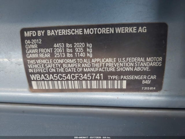 2012 Bmw 328i მანქანა იყიდება აუქციონზე, vin: WBA3A5C54CF345741, აუქციონის ნომერი: 44636417