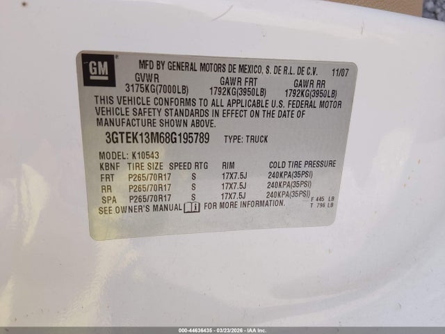 44636435 :رقم المزاد ، 3GTEK13M68G195789 vin ، 2008 Gmc Sierra 1500 Slt مزاد بيع
