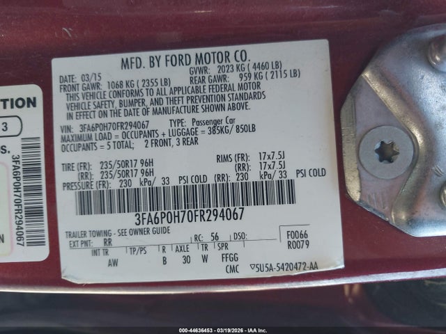 Ford FUSION SE 2015 3FA6P0H70FR294067 Image 9