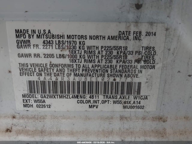 Продаж на аукціоні авто 2014 Mitsubishi Outlander Sport Es, vin: 4A4AR3AU8EE024773, номер лоту: 44636456