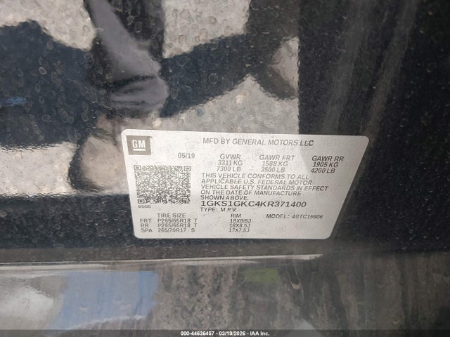 44636457 :رقم المزاد ، 1GKS1GKC4KR371400 vin ، 2019 Gmc Yukon Xl Slt مزاد بيع
