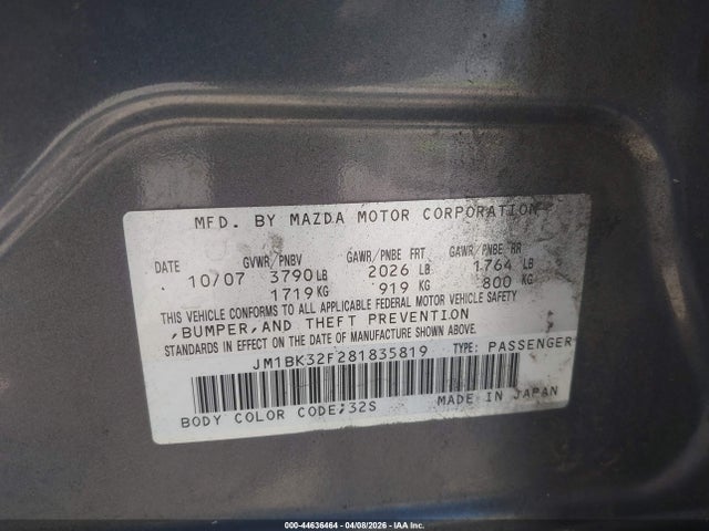 Продажа на аукционе авто 2008 Mazda Mazda3 I, vin: JM1BK32F281835819, номер лота: 44636464