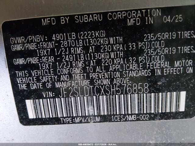 44636472 :رقم المزاد ، JF2SLDTCXSH576858 vin ، 2025 Subaru Forester Touring مزاد بيع
