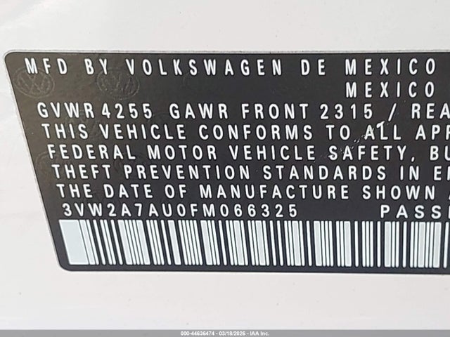 44636474 :رقم المزاد ، 3VW2A7AU0FM066325 vin ، 2015 Volkswagen Golf Tdi S 4-door مزاد بيع