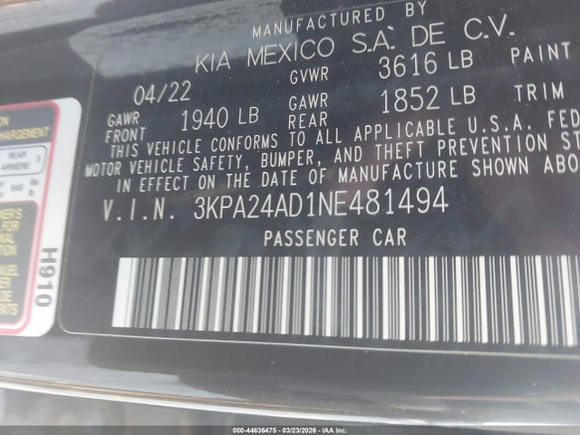 Продажа на аукционе авто 2022 Kia Rio S, vin: 3KPA24AD1NE481494, номер лота: 44636475