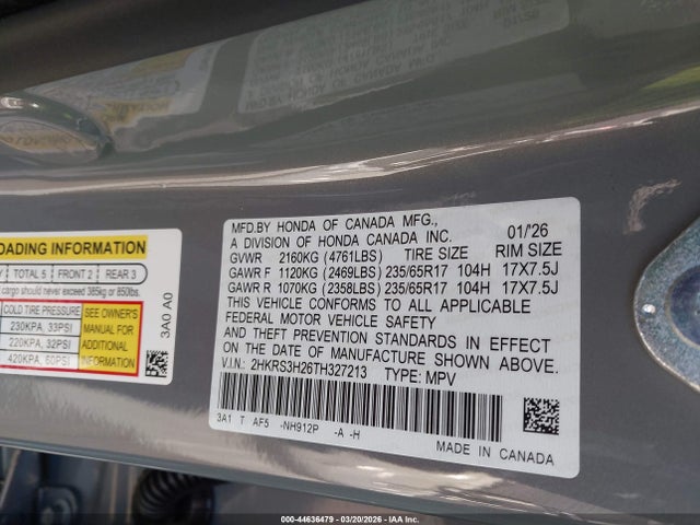 44636479 :رقم المزاد ، 2HKRS3H26TH327213 vin ، 2026 Honda Cr-v Lx 2wd مزاد بيع