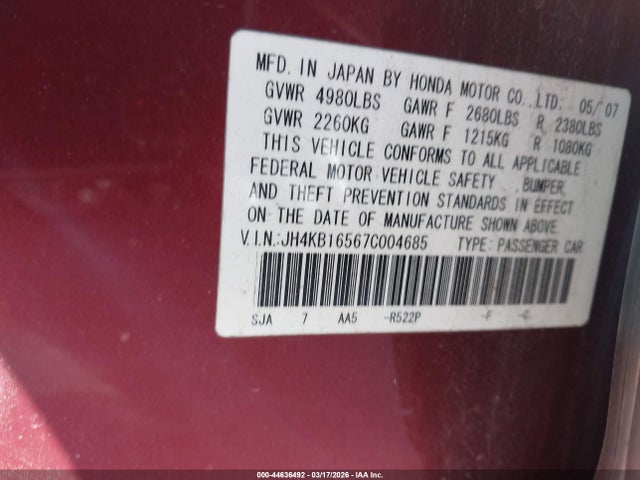 Aukcja sprzedaży 2007 Acura Rl 3.5, vin: JH4KB16567C004685, numer aukcji: 44636492
