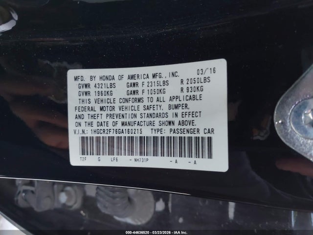 1HGCR2F76GA160215 Honda ACCORD EX