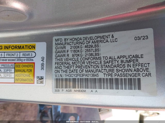 1HGCY2F63PA013845 Honda Accord Hybrid Ex-l