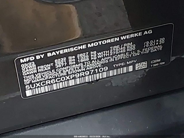 44636533 :رقم المزاد ، 5UXCR6C0XP9R97109 vin ، 2023 Bmw X5 Xdrive40i مزاد بيع